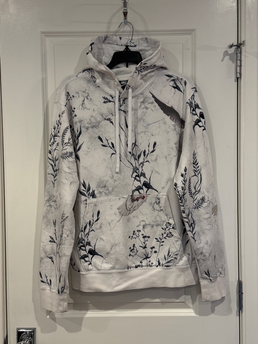 Nike White Hoodie with Black and Gray Botanical Marble Print